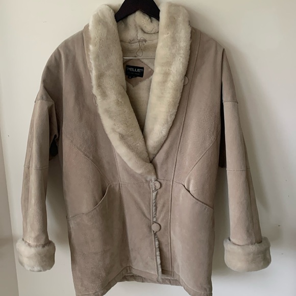 Pelle tan suede faux fur oversized heavy winter pea coat SZ M VTG 80s vintage - Picture 1 of 16